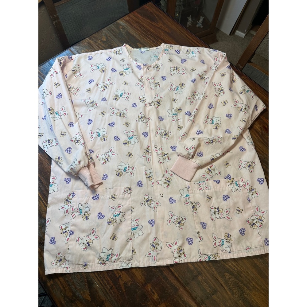 Tafford Pink Bunny Heart Teddy Bear Scrub Jacket 4XL Snap Front Made in USA Vtg